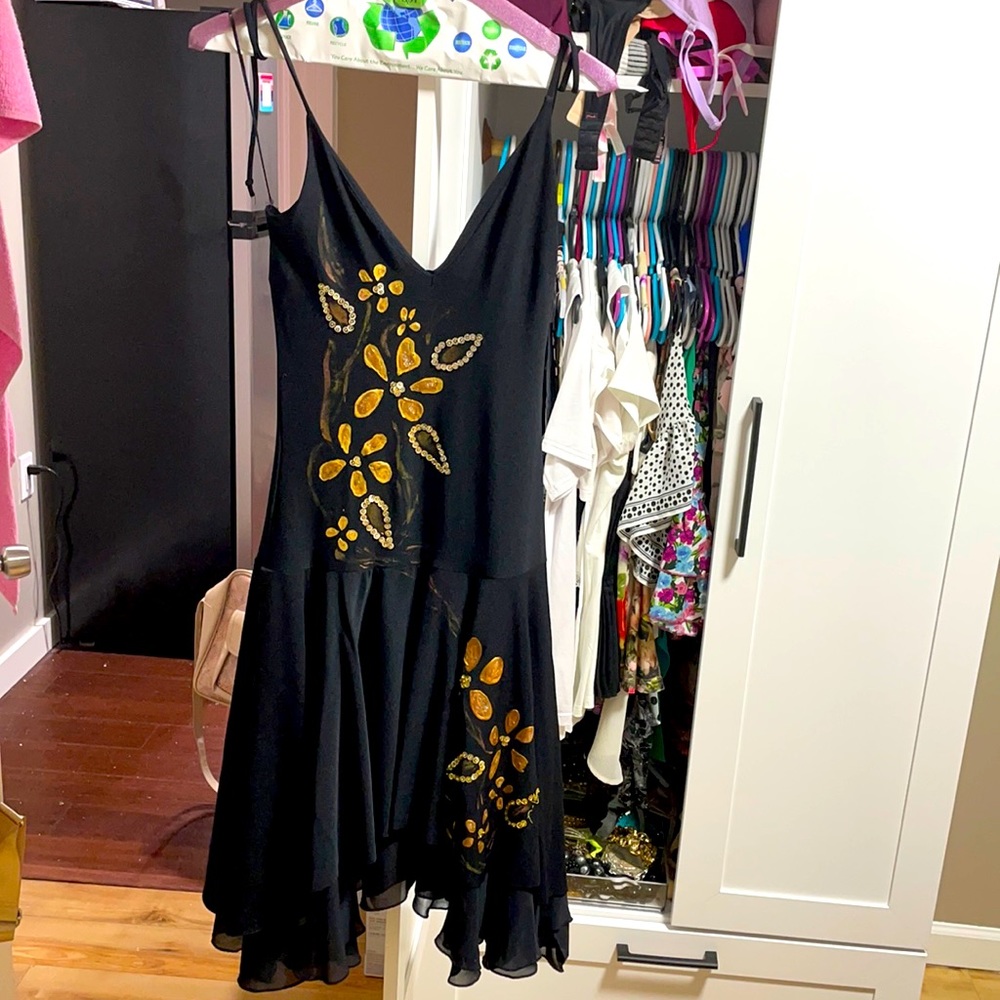 Black dress with gold flowers